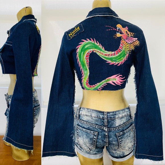 NWT $199 Vintage Y2K NUDE Los Angeles Sequin DRAGON Cropped JEAN JACKET M - Picture 3 of 16